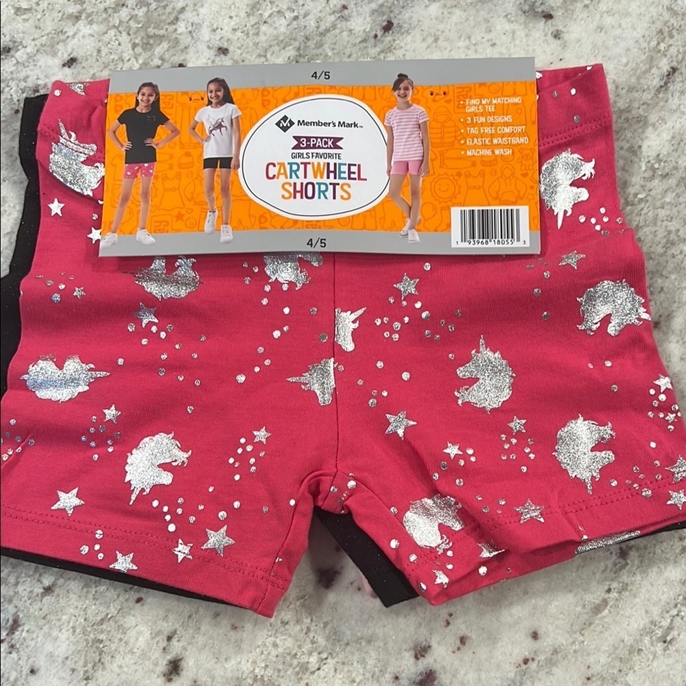 3 Pack Pink/Black/ Unicorn Print Cartwheel Shorts